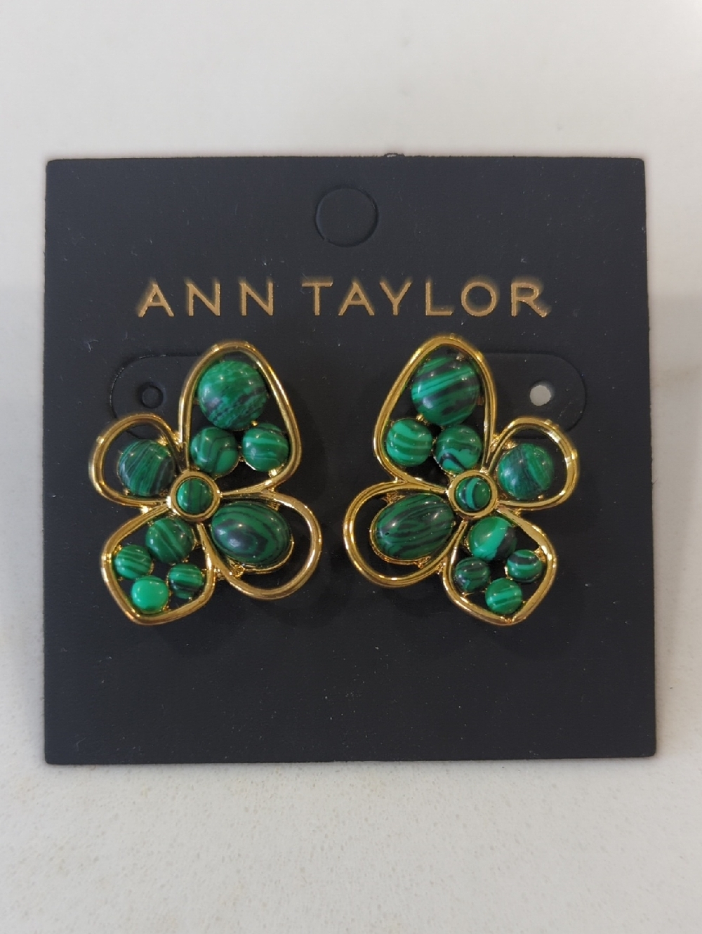 Ann Taylor Gold Floral Earrings with Marbled Emerald Green Stones